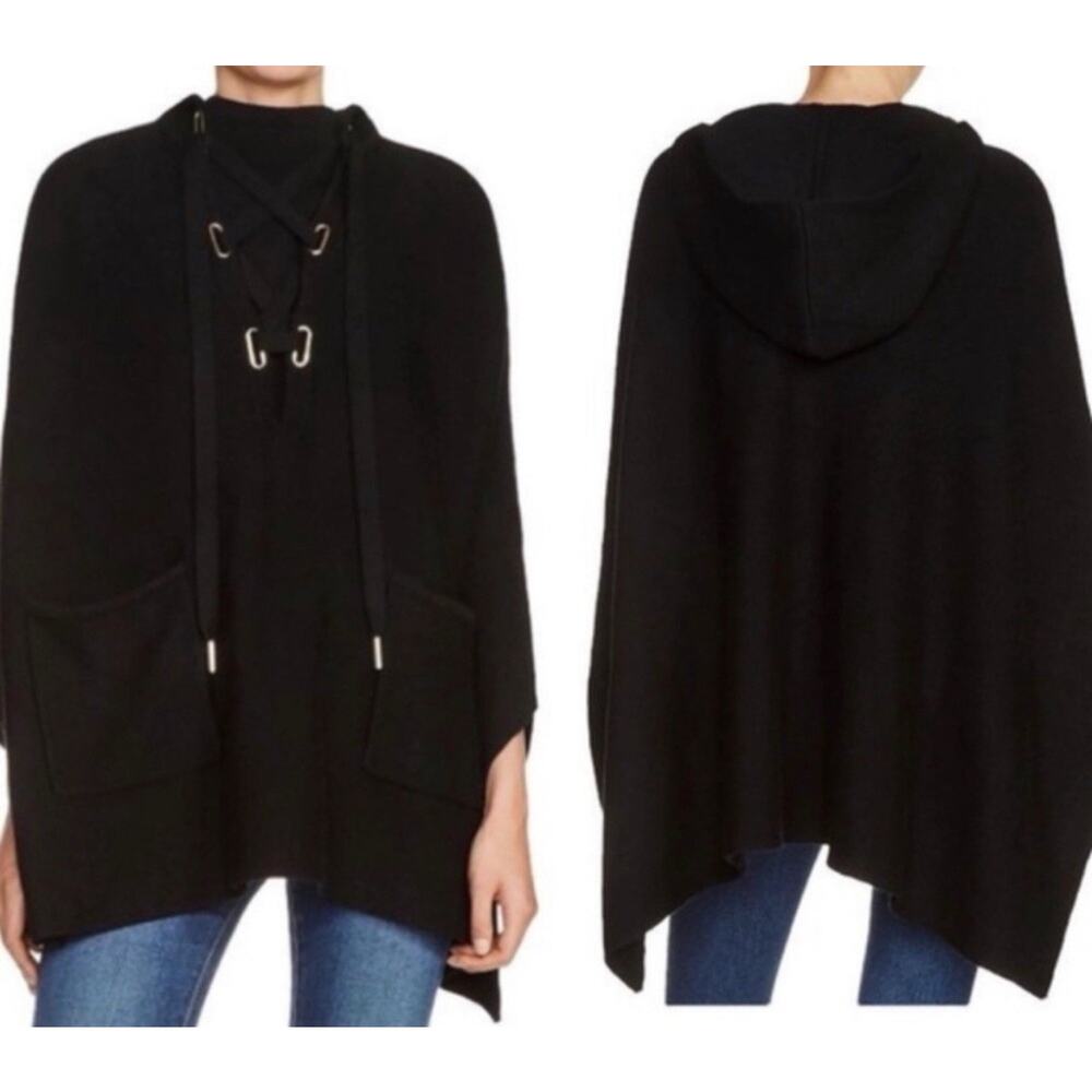Maje Million Wool Blend Black Knit Lace-Up Hooded Poncho Sweater One Size